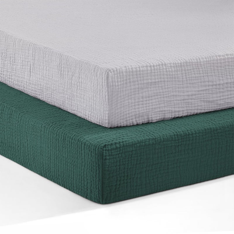 Pro Goleem Muslin Pack n Play Sheets for Boys and Girls, Soft Breathable Cotton Fitted Mini Crib Sheets, Neutral Baby Sheets for Playard Mattress, 2 Pack (Grey＆Green) - Image 1
