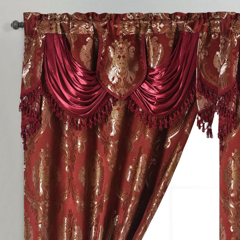 GOHD Golden Ocean Home Decor GOHD Luxe Love Jacquard Window Curtain Panel Drape with Attached Fancy Valance 2pcs Set Wine 54 Wide x 84 Drop with 18 Valance x 2pcs