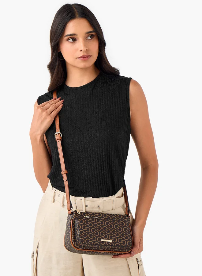 Celeste Monogram Print Crossbody Bag with Adjustable Strap and Zip Closure