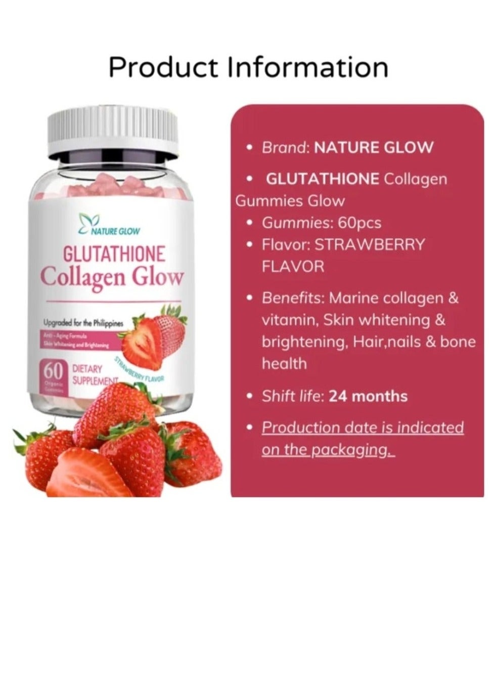 Glow Glutathione Collagen Glow Anti Aging Skin Whitening Vitamins Gummies Strawberry Flavor