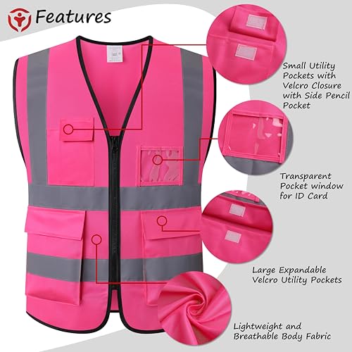 ASIPHITU Reflective Safety Vest for Men Women High Visibility Construction Work Vest with Pockets and zipper front Hi Vis Security Vest with Reflective Strips Meets ANSI/ISEA Standard (AP1-Pink-S) - Image 4