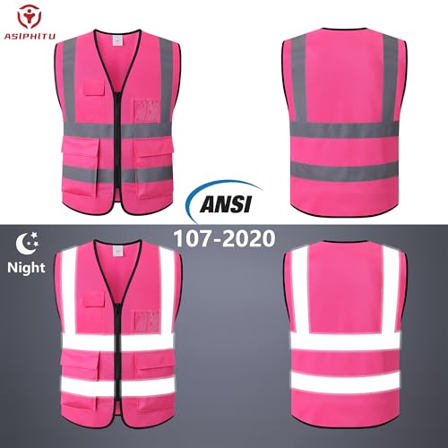 ASIPHITU Reflective Safety Vest for Men Women High Visibility Construction Work Vest with Pockets and zipper front Hi Vis Security Vest with Reflective Strips Meets ANSI/ISEA Standard (AP1-Pink-S) - Image 5