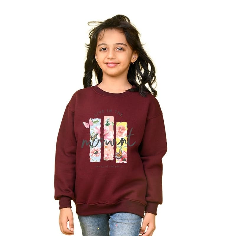 Nusyl Girl's Moment textPrinted Crew/Round Neck Oversized Sweatshirt |Skin Friendly Full Sleeve Sweatshirt|Pullover Loose Fit Sweatshirt | Burgundy - Image 1