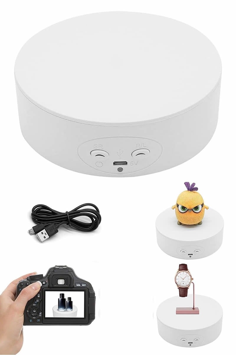 حامل عرض دوار بمحرك 360 درجة، حامل عرض دوار لزجاجات النبيذ ومنتجات التجميل والتصوير الفوتوغرافي والمجوهرات، حمولة 6.6 رطل، مزود ببطارية ومصدر طاقة USB - Image 1