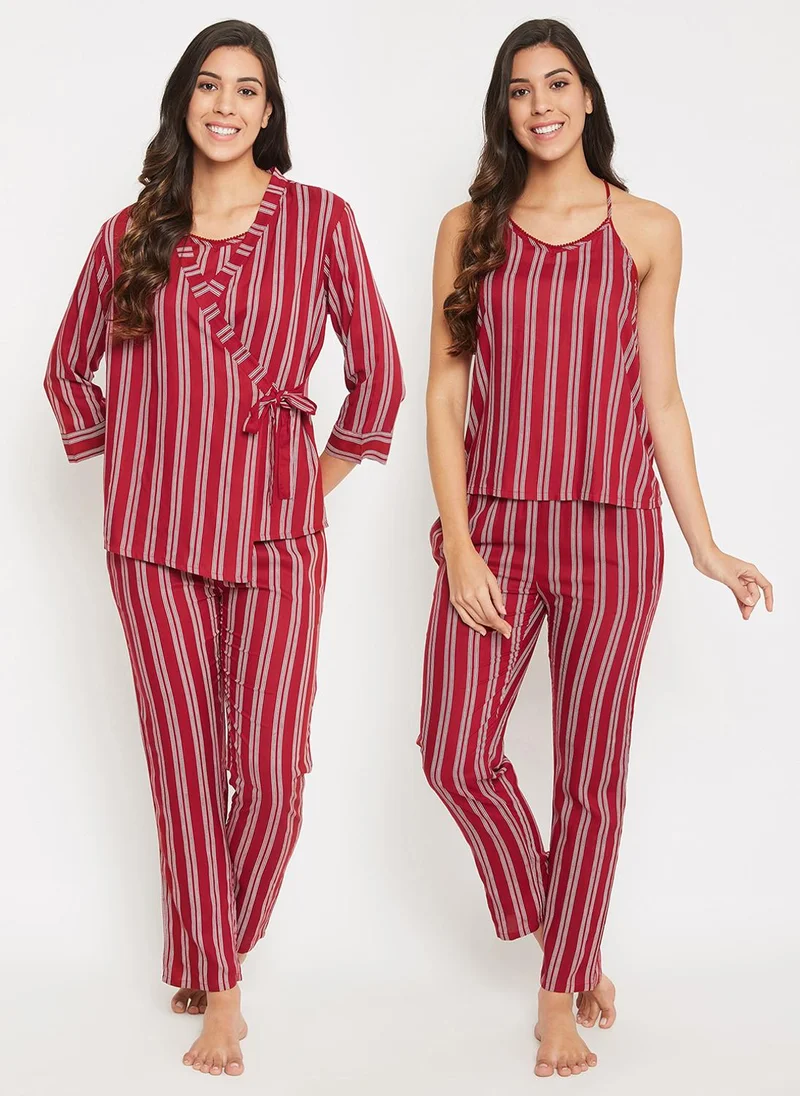كلوفيا Clovia Sassy Stripes 3 Piece Set- Top, Pyjama & Robe in Maroon - Rayon