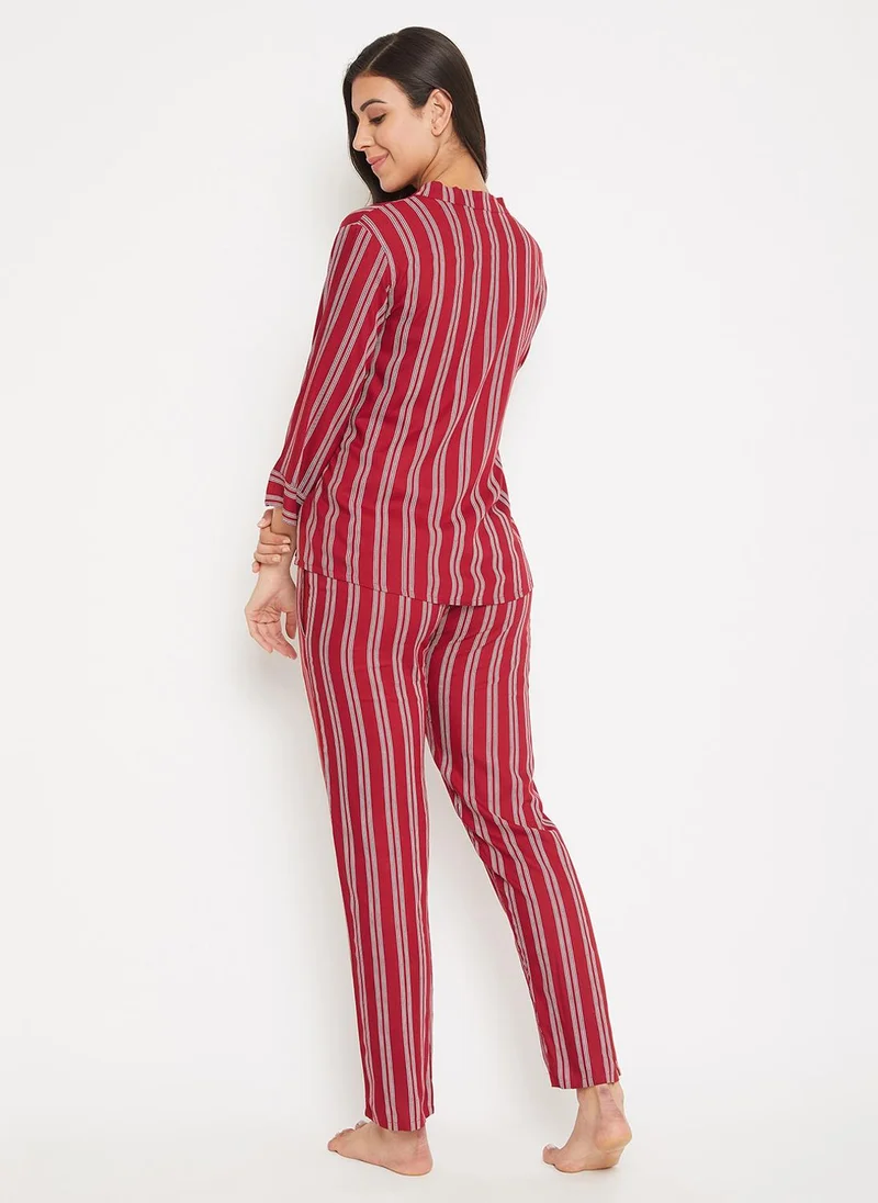Clovia Maroon Clovia Sassy Stripes 3 Piece Set- Top, Pyjama & Robe in Maroon - Rayon for Women | Best Price UAE