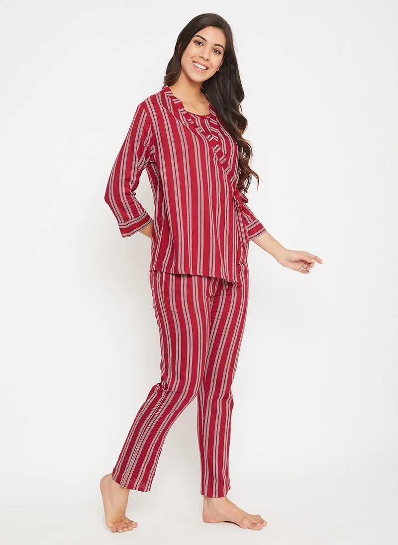 Clovia Maroon Clovia Sassy Stripes 3 Piece Set- Top, Pyjama & Robe in Maroon - Rayon for Women | Best Price UAE