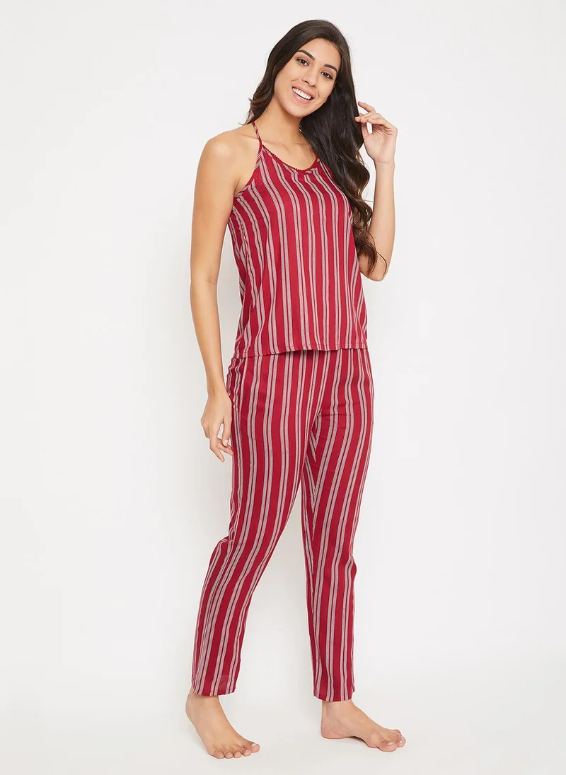 كلوفيا Clovia Sassy Stripes 3 Piece Set- Top, Pyjama & Robe in Maroon - Rayon