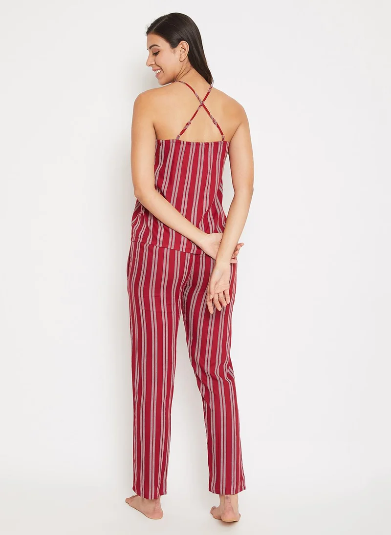Clovia Maroon Clovia Sassy Stripes 3 Piece Set- Top, Pyjama & Robe in Maroon - Rayon for Women | Best Price UAE