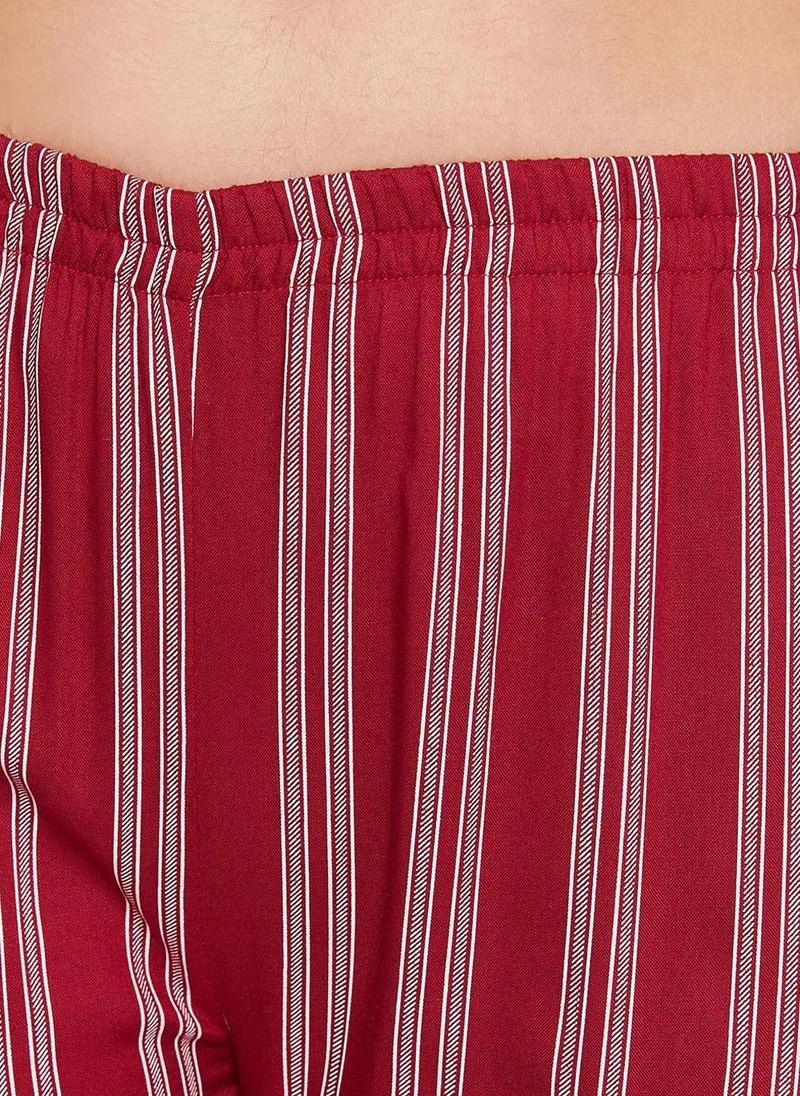Clovia Maroon Clovia Sassy Stripes 3 Piece Set- Top, Pyjama & Robe in Maroon - Rayon for Women | Best Price UAE