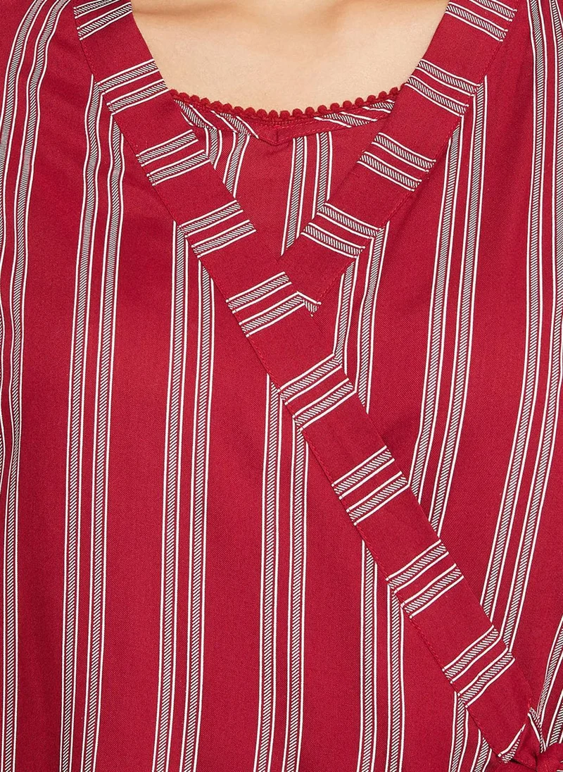 Clovia Maroon Clovia Sassy Stripes 3 Piece Set- Top, Pyjama & Robe in Maroon - Rayon for Women | Best Price UAE
