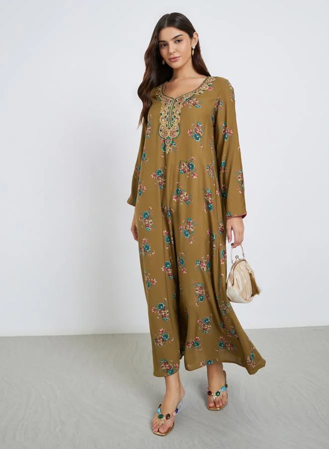 Maxim Creation Maxim Creation Multi Thread Embroidery Jalabiya with Floral Print