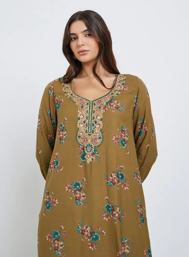 Maxim Creation Maxim Creation Multi Thread Embroidery Jalabiya with Floral Print