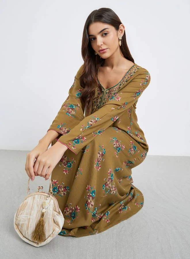 Maxim Creation Maxim Creation Multi Thread Embroidery Jalabiya with Floral Print