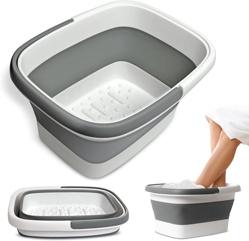 Mantello Collapsible Foot Bath Foot Soaking Tub | Portable Foot Spa Pedicure Bowl | Large Basin to Soak & Wash Feet | Folding Bucket with Carry Handle | White & Grey, Blue, Green [White & Grey] - Image 1