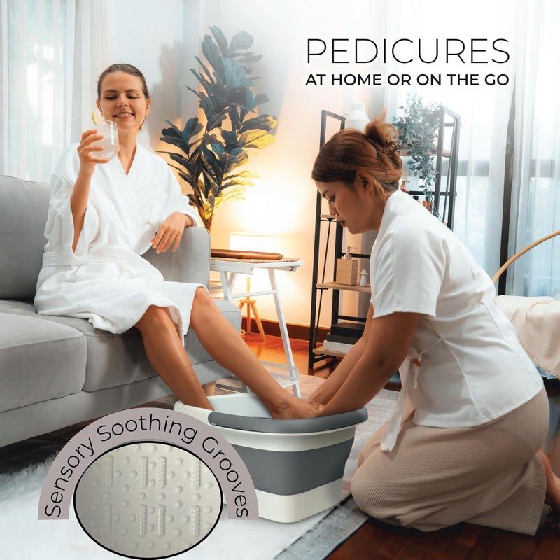 Mantello Collapsible Foot Bath Foot Soaking Tub | Portable Foot Spa Pedicure Bowl | Large Basin to Soak & Wash Feet | Folding Bucket with Carry Handle | White & Grey, Blue, Green [White & Grey] - Image 3