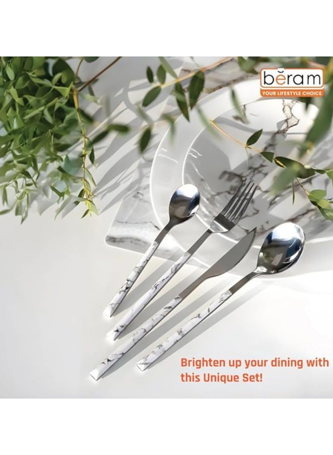 بيرام طقم أدوات مائدة بِرام سيلفر وور إنسامبل المكوّن من 4 قطع – أدوات مائدة من الستانلس ستيل مع مقابض رخامية أنيقة – أدوات مائدة مختلطة للاستخدام اليومي وتزيين المائدة - Image 2