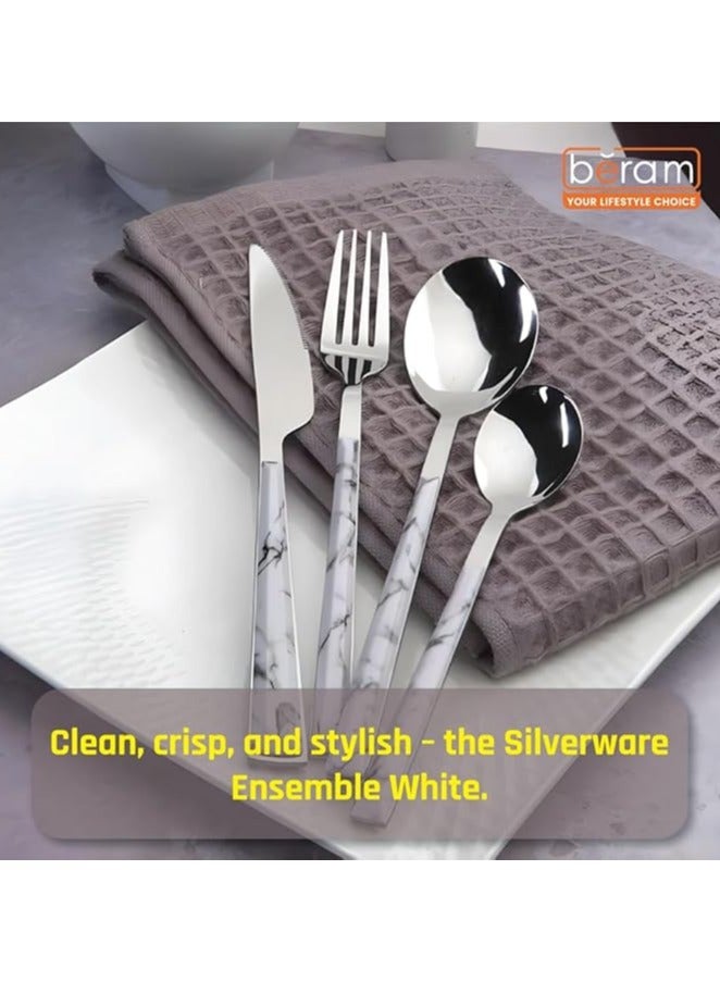 بيرام طقم أدوات مائدة بِرام سيلفر وور إنسامبل المكوّن من 4 قطع – أدوات مائدة من الستانلس ستيل مع مقابض رخامية أنيقة – أدوات مائدة مختلطة للاستخدام اليومي وتزيين المائدة - Image 3