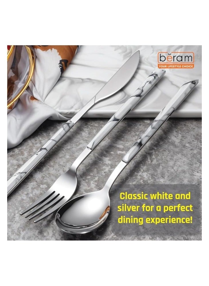 بيرام طقم أدوات مائدة بِرام سيلفر وور إنسامبل المكوّن من 4 قطع – أدوات مائدة من الستانلس ستيل مع مقابض رخامية أنيقة – أدوات مائدة مختلطة للاستخدام اليومي وتزيين المائدة - Image 4