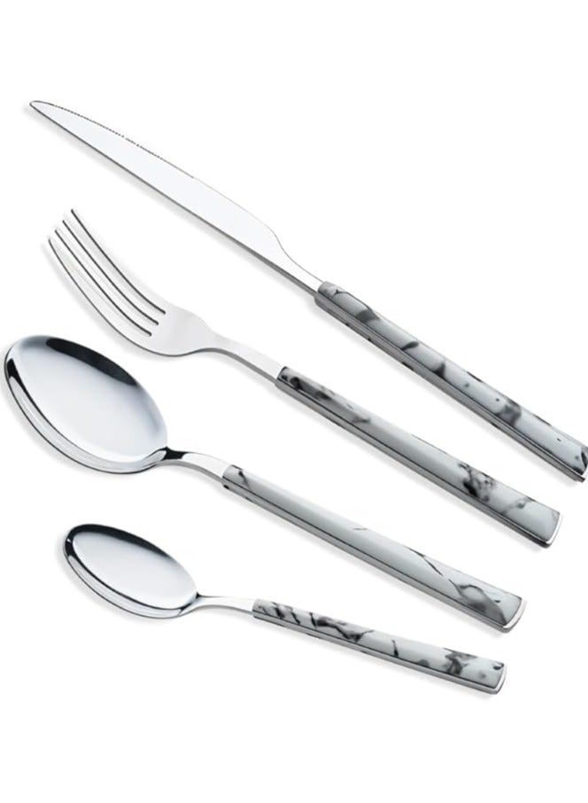 بيرام طقم أدوات مائدة بِرام سيلفر وور إنسامبل المكوّن من 4 قطع – أدوات مائدة من الستانلس ستيل مع مقابض رخامية أنيقة – أدوات مائدة مختلطة للاستخدام اليومي وتزيين المائدة - Image 1