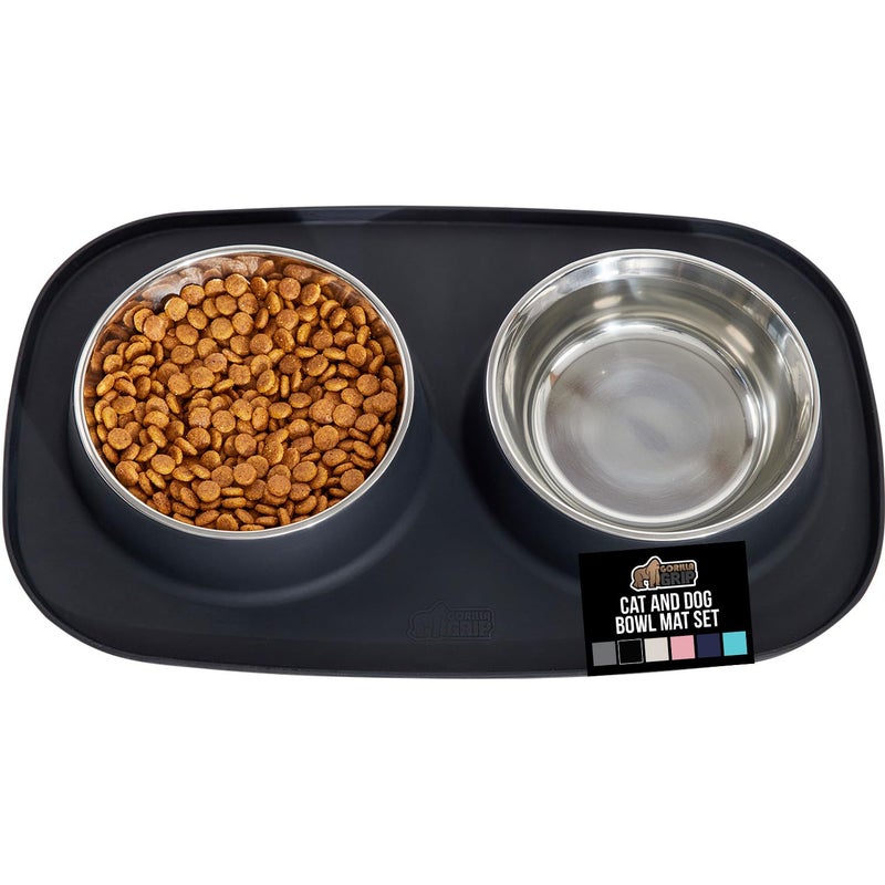 GORILLA GRIP Feeding Mat Set Patent Pending 100 Waterproof BPA Free Silicone Stainless Steel Cat and Dog Bowls Slip Resistant 1 Black mattray with 2 stainless steel bowls - Image 2