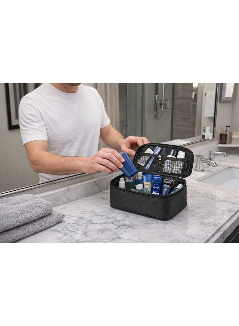 حقيبة أدوات الزينة للرجال، منظم أدوات الزينة للسفر، أكياس تخزين قابلة للطي ومقاومة للماء مع مقسم ومقبض لحقيبة الحلاقة وأدوات التجميل، مفتوحة على نطاق واسع - Image 3