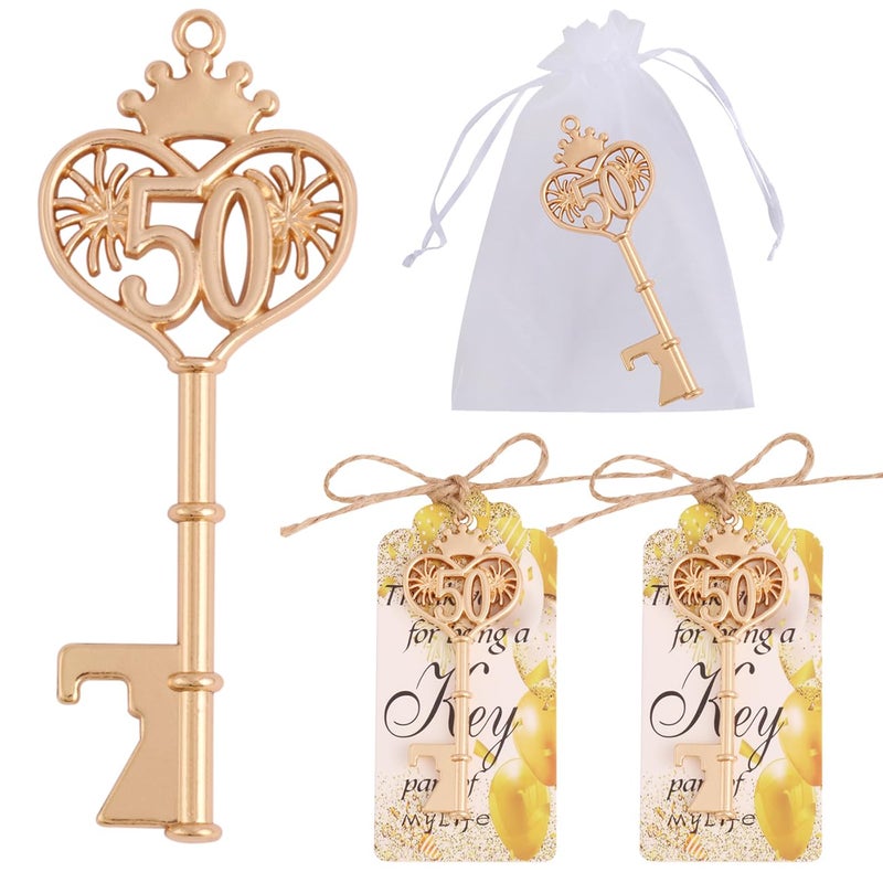 Cesdai 50pcs 50 Birthday Party Favors Key Bottle Opener 50th Beer Opener Keychain Favors for Guests with Organza Bags and Thank You CardsBeer Keychain Bottle Openers for Birthday Decoration Supplies - Image 2