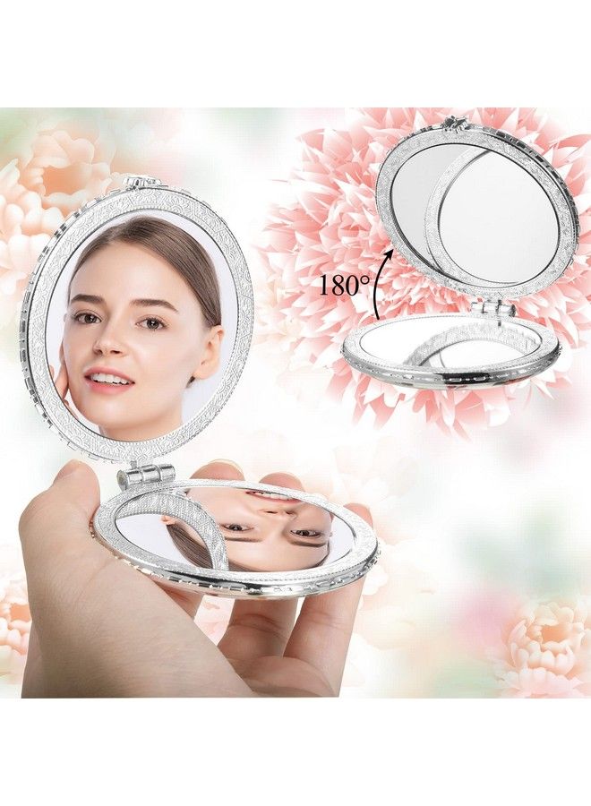 Blulu 9 Pcs Retro Compact Mirrors Portable Compact Travel Mirror Flowers Folding Mirrors Vintage Purse Mirrors Floral Pocket Mirror For Women Girls Beauty Round Square Heart (Silver Edgepeony Pattern) - Image 4