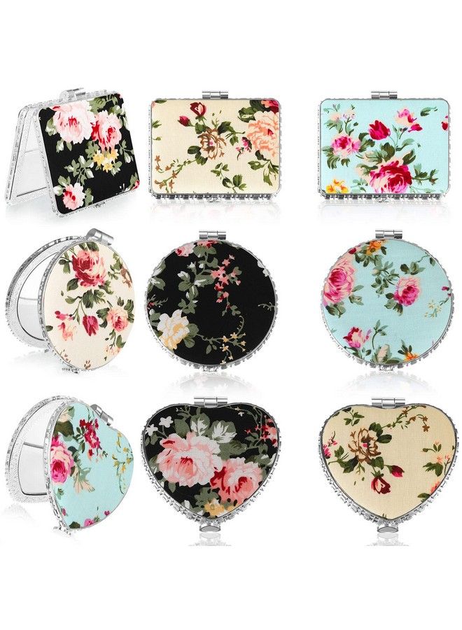 Blulu 9 Pcs Retro Compact Mirrors Portable Compact Travel Mirror Flowers Folding Mirrors Vintage Purse Mirrors Floral Pocket Mirror For Women Girls Beauty Round Square Heart (Silver Edgepeony Pattern) - Image 2