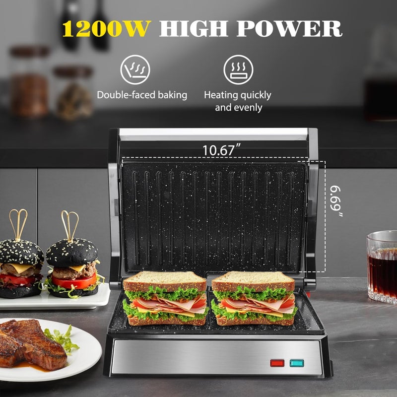 Aigostar Panini Press, 1200W Sandwich Maker and Electric Indoor Grill with Ceramic Non-Stick Coated Plates, Opens 180°to Fit Any Size of Food, Stainless Steel Surface & Removable Drip Tray, Silver - Image 3