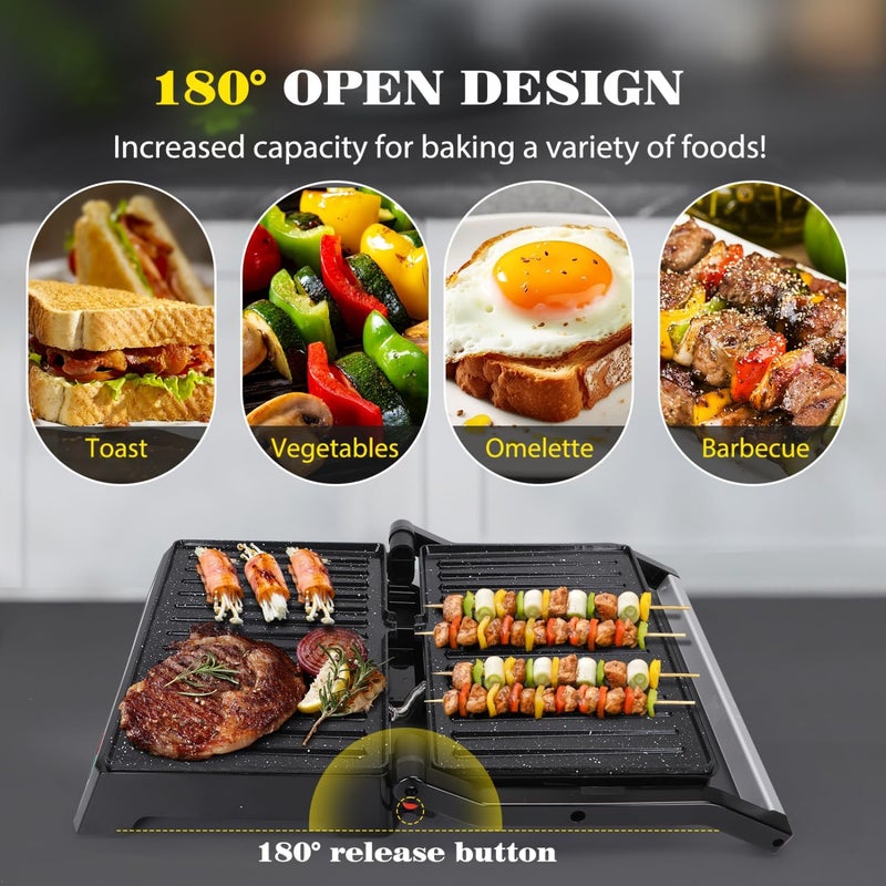 Aigostar Panini Press, 1200W Sandwich Maker and Electric Indoor Grill with Ceramic Non-Stick Coated Plates, Opens 180°to Fit Any Size of Food, Stainless Steel Surface & Removable Drip Tray, Silver - Image 2