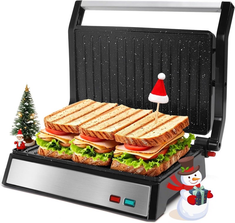 Aigostar Panini Press, 1200W Sandwich Maker and Electric Indoor Grill with Ceramic Non-Stick Coated Plates, Opens 180°to Fit Any Size of Food, Stainless Steel Surface & Removable Drip Tray, Silver - Image 1