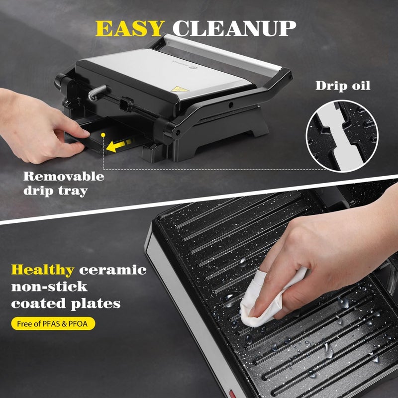 Aigostar Panini Press, 1200W Sandwich Maker and Electric Indoor Grill with Ceramic Non-Stick Coated Plates, Opens 180°to Fit Any Size of Food, Stainless Steel Surface & Removable Drip Tray, Silver - Image 4