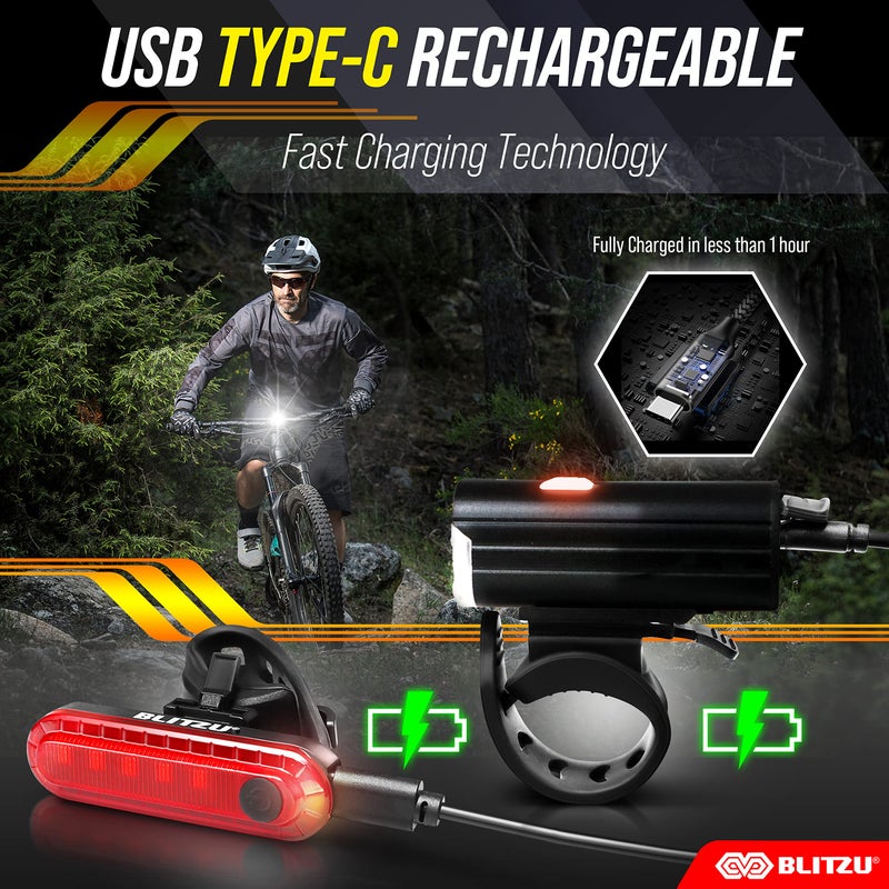 BLITZU مجموعة أضواء الدراجة BLITZU – مصباح أمامي LED Gator 450 قابل لإعادة الشحن عبر USB-C ومصباح خلفي مع عواكس أمامية وخلفية للدراجة – ملحقات دراجات لركوب الليل، للرجال والأطفال - Image 2