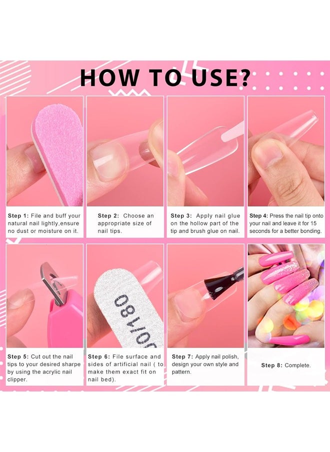 Fanski - Clear False Nail Tips, Full Cover Nail Tips Set with 500pcs Clear Press On Nails Fake Nail Tips with Nail Glue, Clipper, Files, Cuticle Pusher and Fork for Gel Nail Art DIY - Image 1