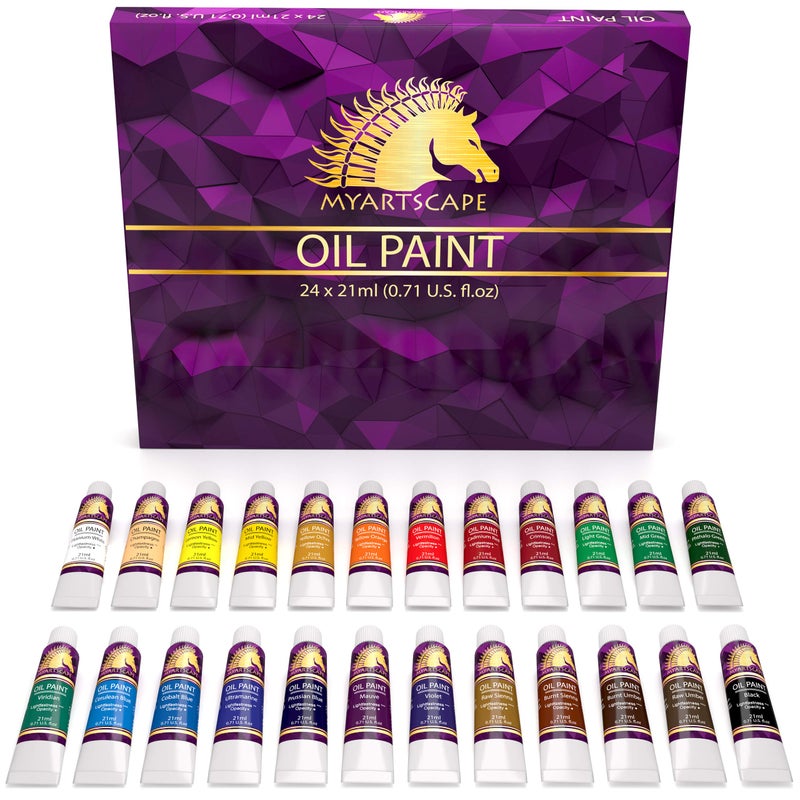 MyArtscape Oil Paint Set 24 x 21ml Tubes Artist Quality Rich Vivid Oilbased Colors Lightfast Heavy Body Great Saturation Glossy Finish Professional Painting Supplies