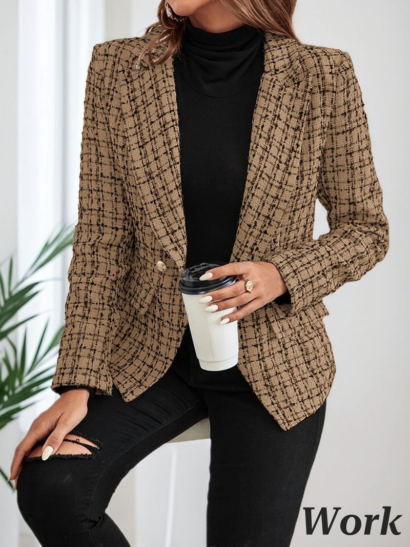 Mina Self Tweed Blazers for Women Chocolate Brown Plaid 2026 Spring Womens Fitted Blazer Jacket Business Casual Petite Fit Work Office Clothing Double-Breasted Women's Blazers & Suit Jackets Ladies - Image 3