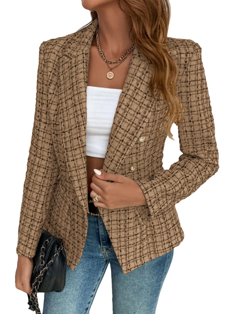 Mina Self Tweed Blazers for Women Chocolate Brown Plaid 2026 Spring Womens Fitted Blazer Jacket Business Casual Petite Fit Work Office Clothing Double-Breasted Women's Blazers & Suit Jackets Ladies - Image 1
