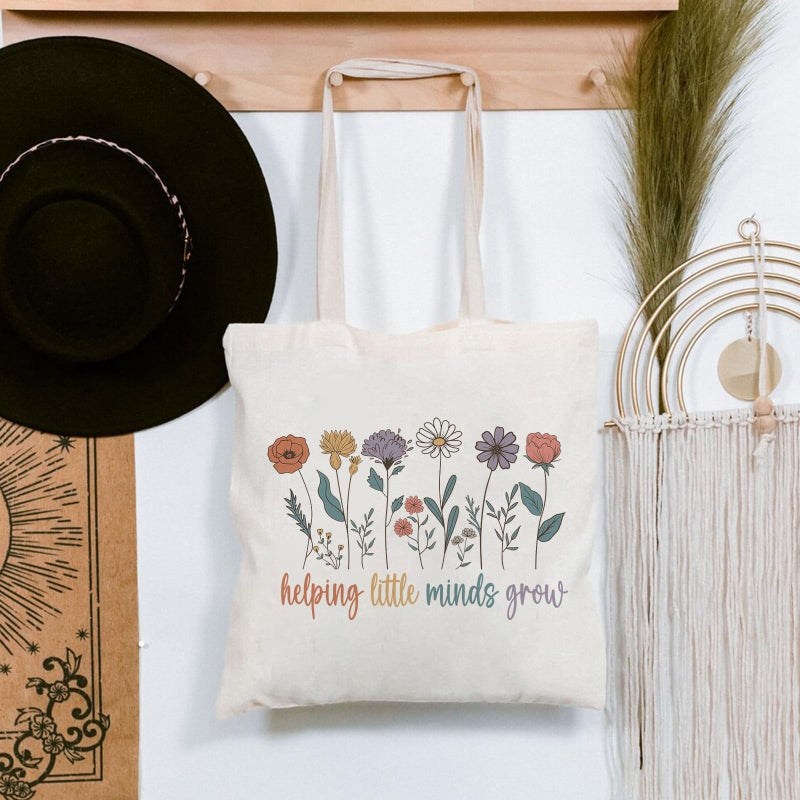 Kimoli Teacher Appreciation Gifts Women Canvas Tote Bags Aesthetic Travel Beach Bag Summer Reusable Grocery Fashion Shopping Bag Helping Little Minds Grow - Image 2