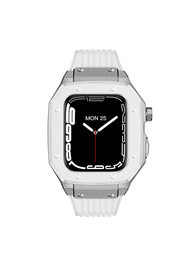 O Ozone سوار من المطاط السيليكوني مع حافظة معدنية متوافقة مع ساعة أبل 45 مم 44 مم للرجال، غطاء حماية من سبائك معدنية للرجال - أبيض - Image 1