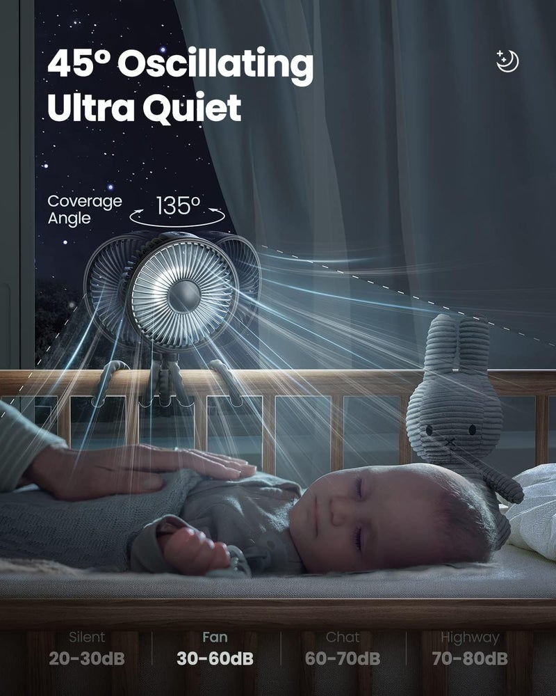 Gaiatop مروحة أطفال متأرجحة من جاياتوب، ضوء ليلي LED، 4 سرعات قابلة للشحن، تدور 360°، قابلة للتثبيت، مروحة صغيرة محمولة تعمل بالبطارية لمقاعد السيارات، أسرّة الأطفال، أجهزة المشي، والسفر. - Image 2