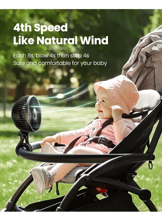 Gaiatop مروحة أطفال متأرجحة من جاياتوب، ضوء ليلي LED، 4 سرعات قابلة للشحن، تدور 360°، قابلة للتثبيت، مروحة صغيرة محمولة تعمل بالبطارية لمقاعد السيارات، أسرّة الأطفال، أجهزة المشي، والسفر. - Image 4