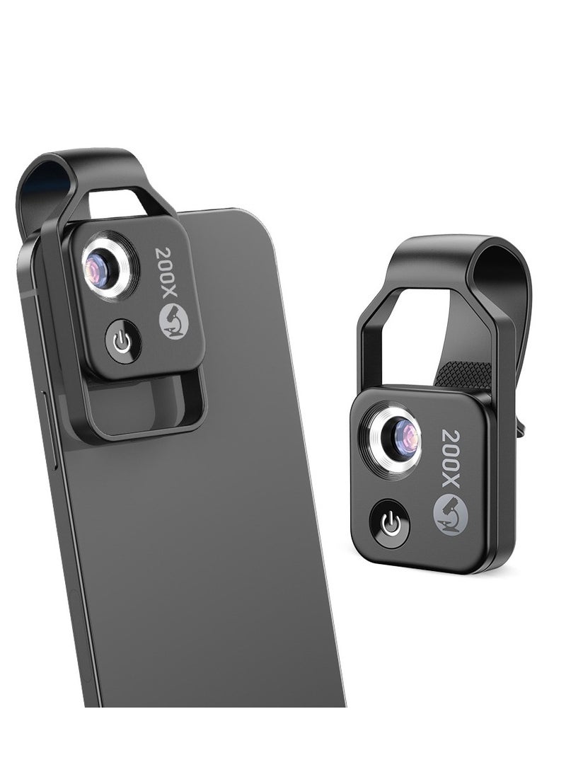 SOLARAE ميكروسكوب الهاتف المحمول، ميكروسكوب جيب صغير 200x مع ضوء LED/ ملحق كاميرا مكبر رقمي محمول مع عدسة CPL متوافقة مع هواتف iPhone/Android (أسود) - Image 1