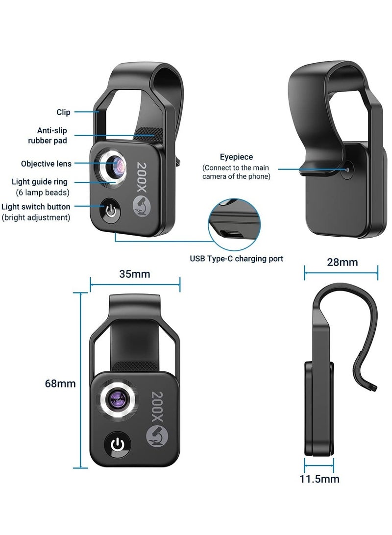 SOLARAE ميكروسكوب الهاتف المحمول، ميكروسكوب جيب صغير 200x مع ضوء LED/ ملحق كاميرا مكبر رقمي محمول مع عدسة CPL متوافقة مع هواتف iPhone/Android (أسود) - Image 2