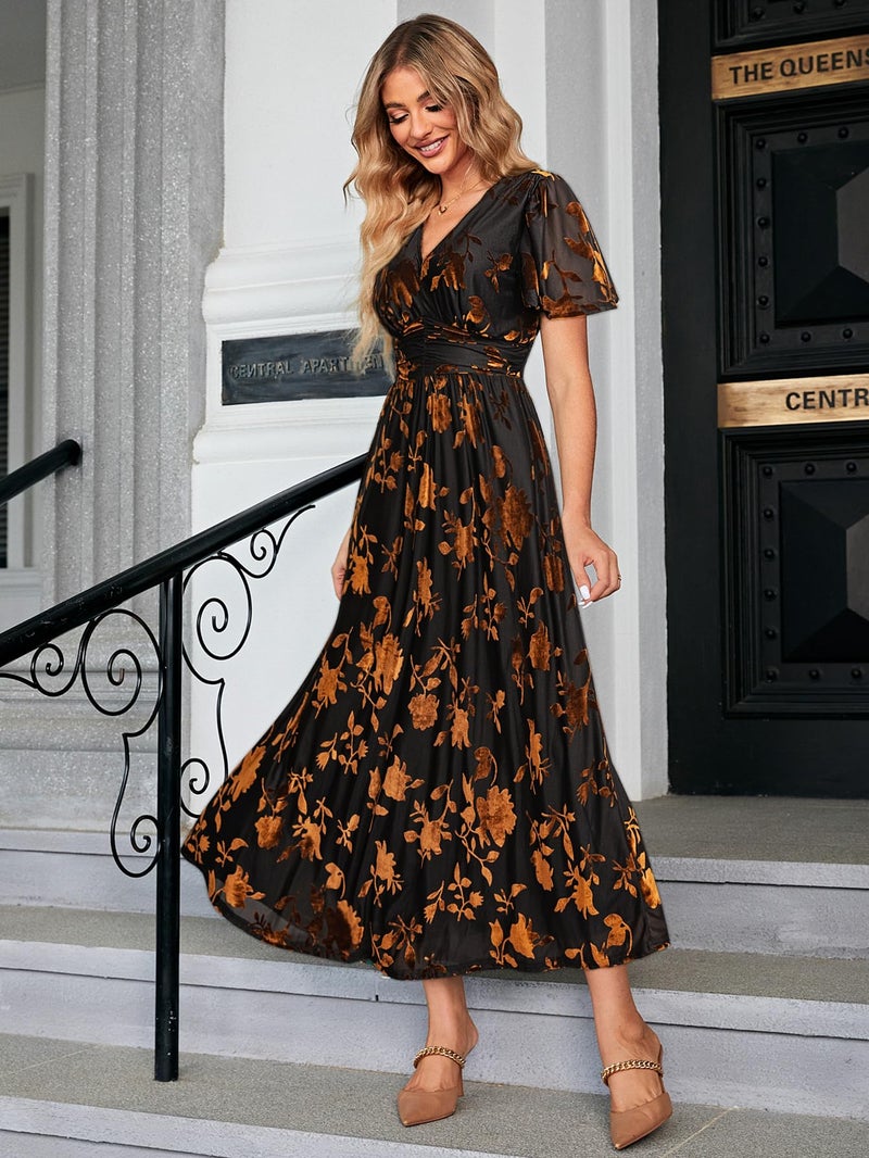 Simplee Apparel Simplee Women's Fall Wedding Guest Velvet Maxi Dress Burnout Floral Empire Waist V Neck Short Sleeve Long Formal Dress (Brown Floral XL) - Image 3