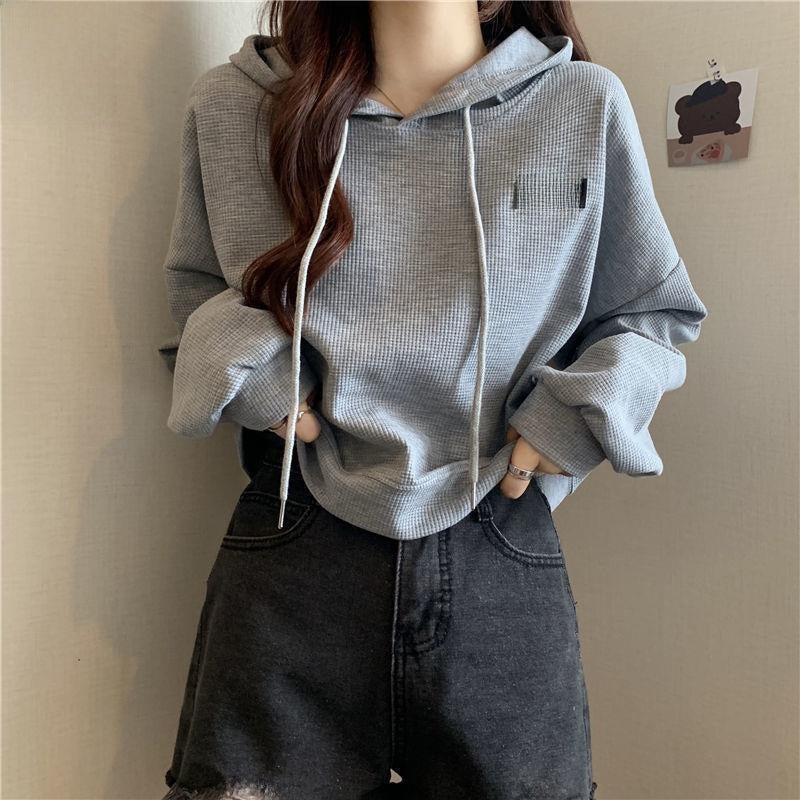 Cropped Waffle Hoodie Womens Casual Korean Autumn Winter White  - Image 5