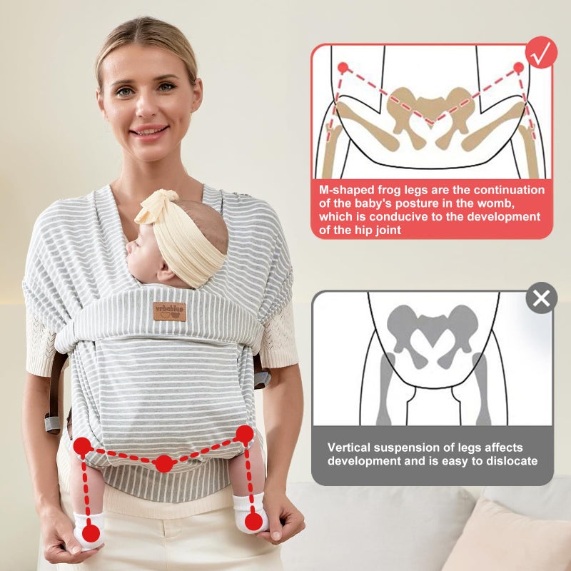 vrbabies Baby Wraps Carrier Newborn to Toddler, Kangaroo Baby Easy Wearing Wrap, Adjustable Soft Baby Holder Front Chest Sling Carriers Perfect Infant Essentials Gifts (Striped Grey, Cotton) - Image 4