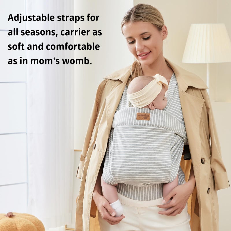 vrbabies Baby Wraps Carrier Newborn to Toddler, Kangaroo Baby Easy Wearing Wrap, Adjustable Soft Baby Holder Front Chest Sling Carriers Perfect Infant Essentials Gifts (Striped Grey, Cotton) - Image 3