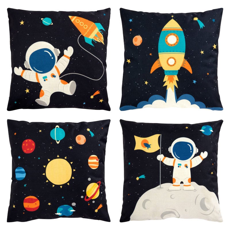 Juvale Juvale 4 Pack Spaceship Decorative Kids Throw Pillow Covers 4 Designs Astronaut Rocket Ship Galaxy Theme 18 x 18 in 