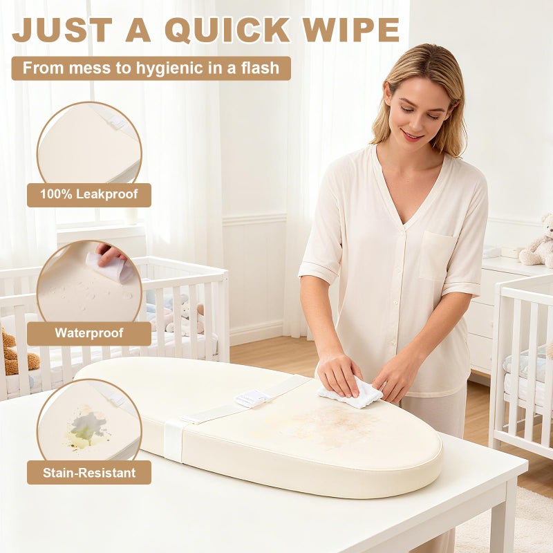 Qalvyn Baby Changing Pad for Dresser, with Wipeable Waterproof PU Cover, Contoured Diaper Changing Pad with Non-Slip Safety Belt, Portable Lightweight Changing Mat with Cushioned Foam, Beige - Image 3